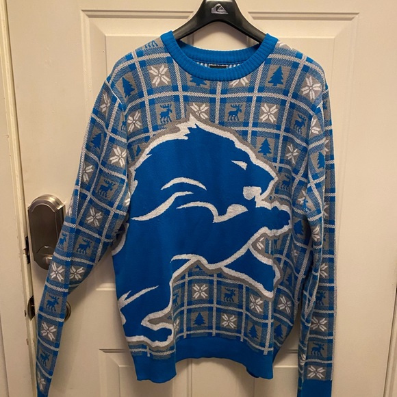 Men's Detroit Lions Blue Big Logo Pullover Christmas Sweater - NFL Team Apparel - Picture 3 of 7
